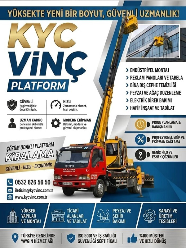 KYC vinç Her tonaj ve yükseklikte vinç çözümleri sunuyoruz. Deneyimli operatörlerimizle güvenli ve verimli hizmet sağlıyoruz.